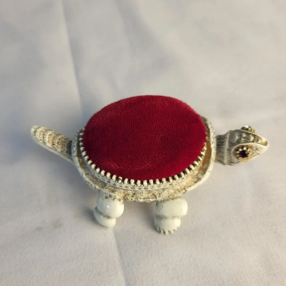 Florenza Articulated Turtle Red Velvet Pin Cushion Vintage White Enamel Metal